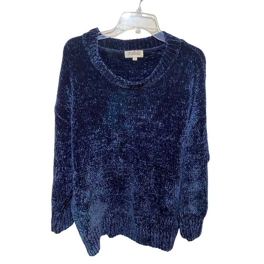 Listicle‎ Womens Navy Blue Chenille Knit Crewneck Sweater Soft Plush Pullover S